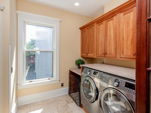 Laundry area with ample cabinet space and a built-in kennel