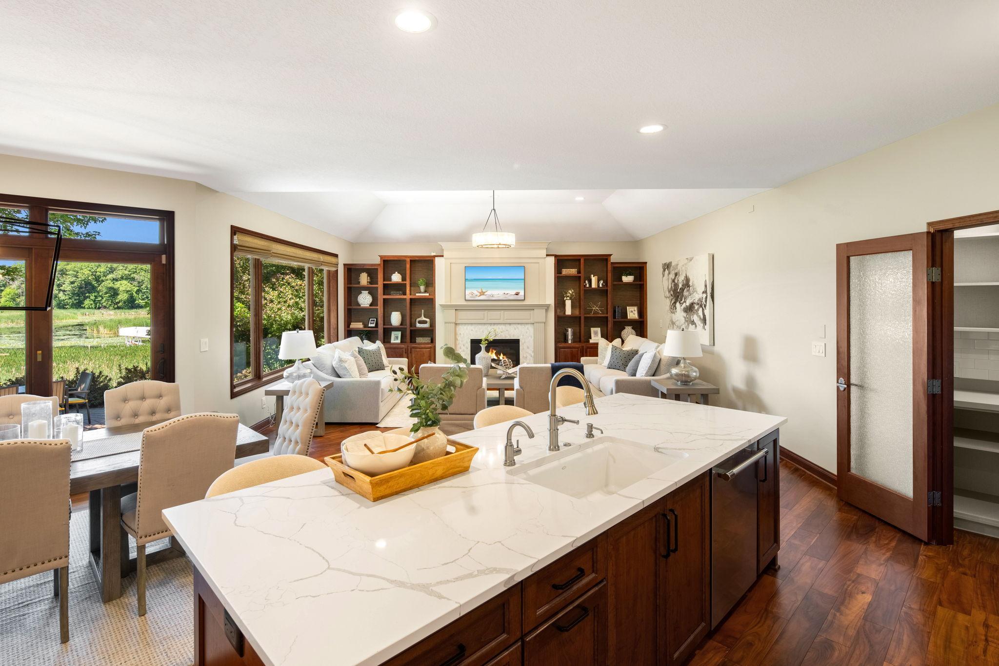 Generous 10-ft center island with breakfast bar seating.