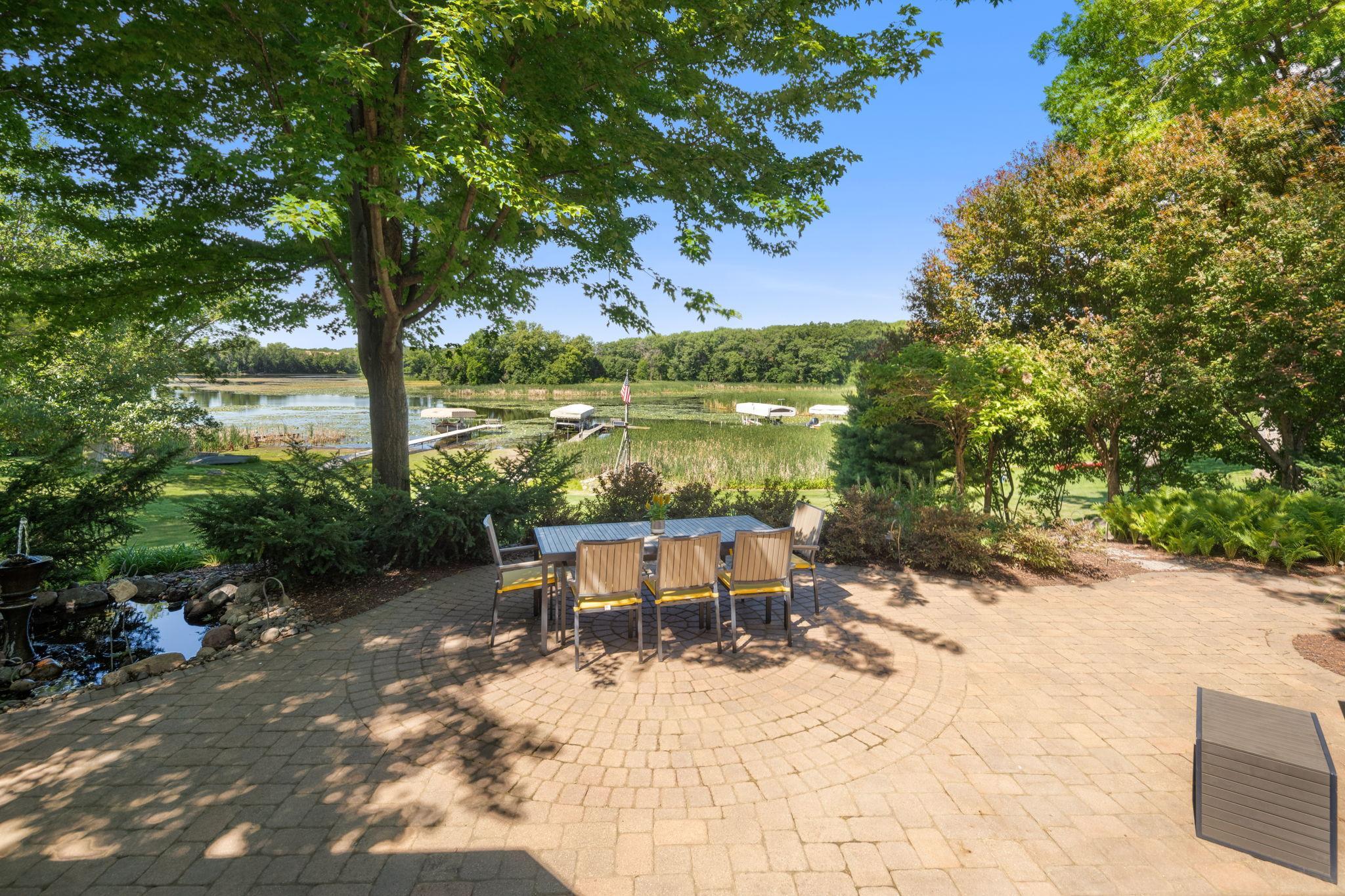 A soothing water feature adds to the serene atmosphere.