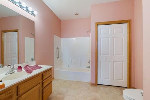 Primary bath is huge with a large linen closet as well.