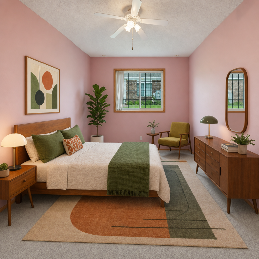 The primary bedroom has a connecting private bath and a walk-in closet. This photo was virtually staged.