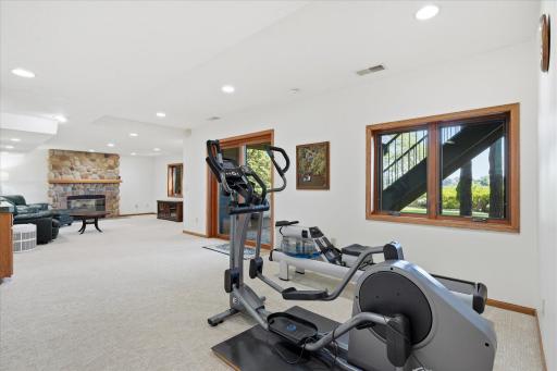 Lower level Amusement and exercise Rooms with walk-out patio door to back patio and backyard, cozy gas fireplace w/stone surround and new carpet along with great lake views.