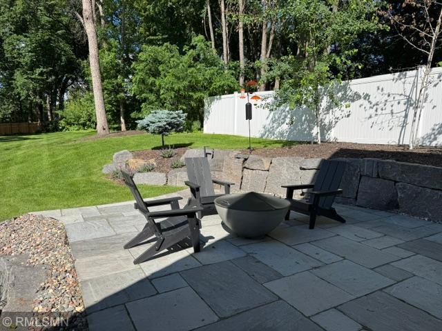 Back yard patio with paver stone and built in fire pit!