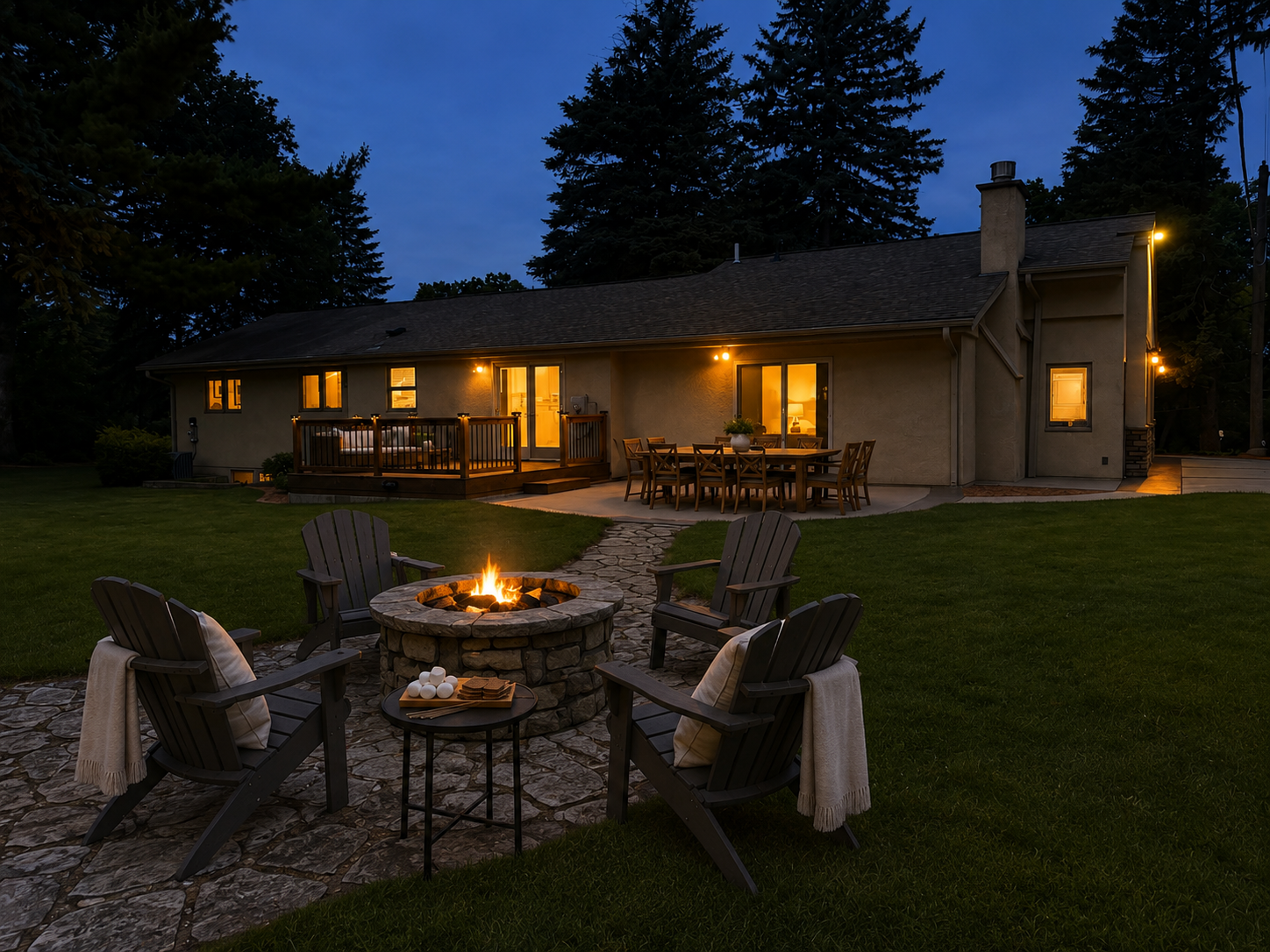 Charming cobblestone pathway that leads to a custom stone fire pit for those gorgeous weather evenings!