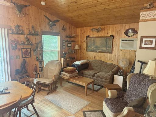 Vaulted, warm wood wood ceilings in the living and dining areas