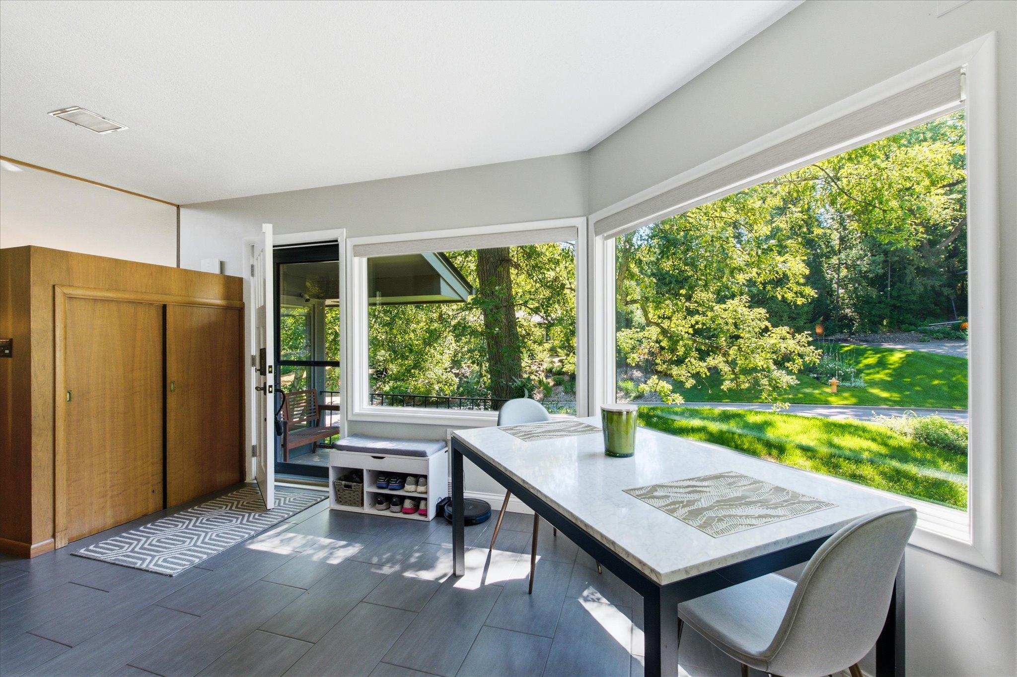 Wall of windows in the informal dining area