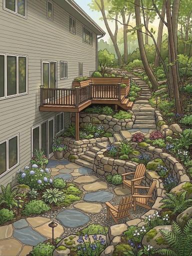 Virtual rendering illustrating one potential landscaping concept for the sloped backyard