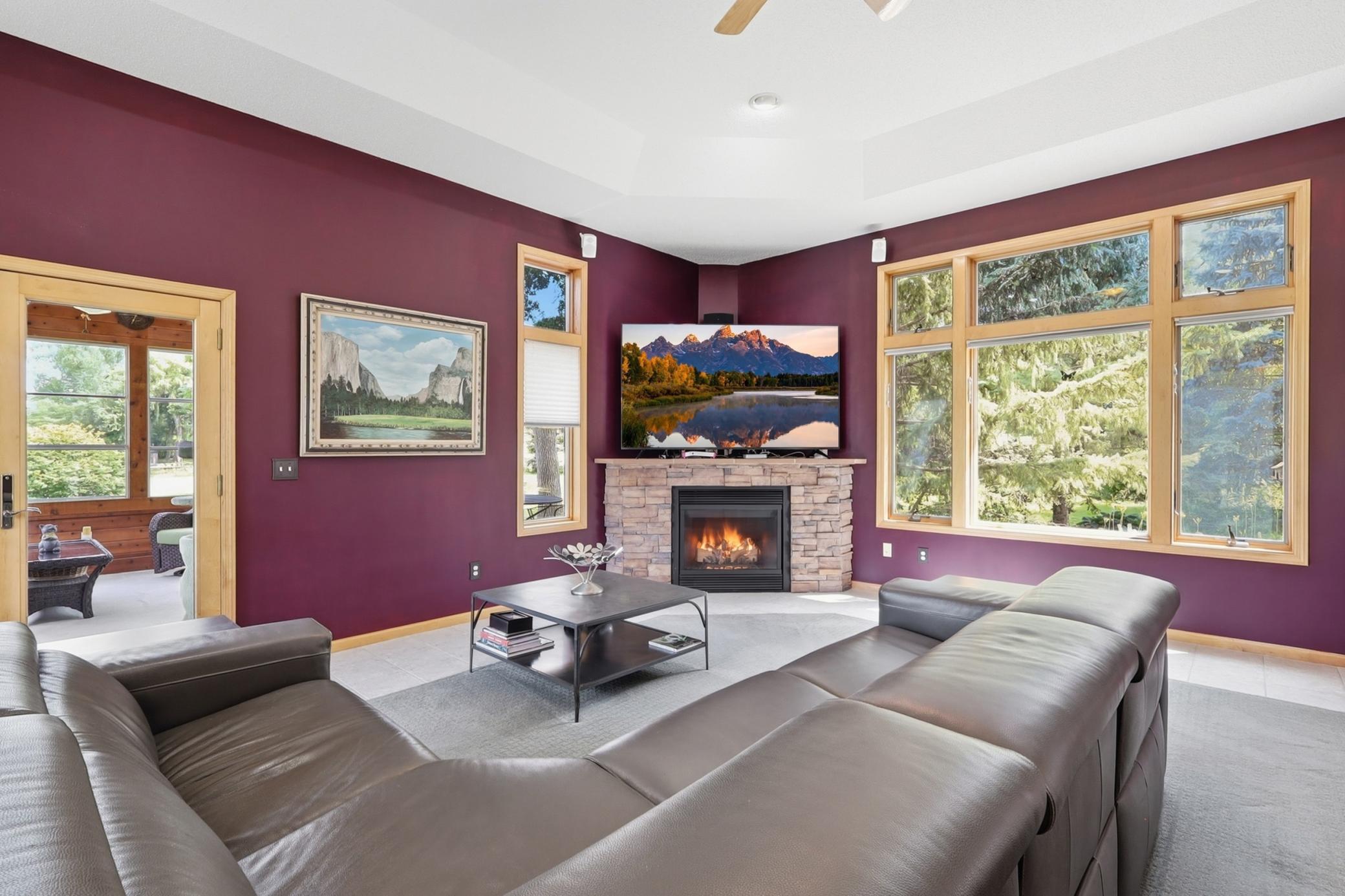 gas fireplace and lots of natural light