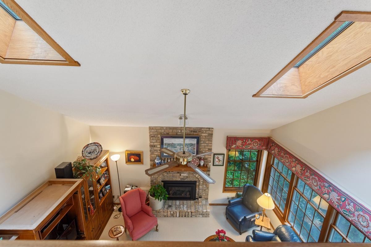 Looking over main level family room from upper level overlook