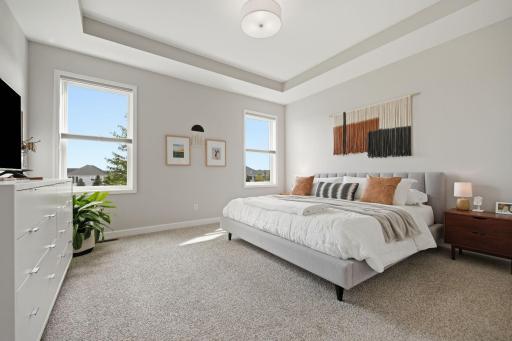 Spacious primary suite with multiple windows, box ceiling, attached full bathroom, walk-in closet, and laundry.