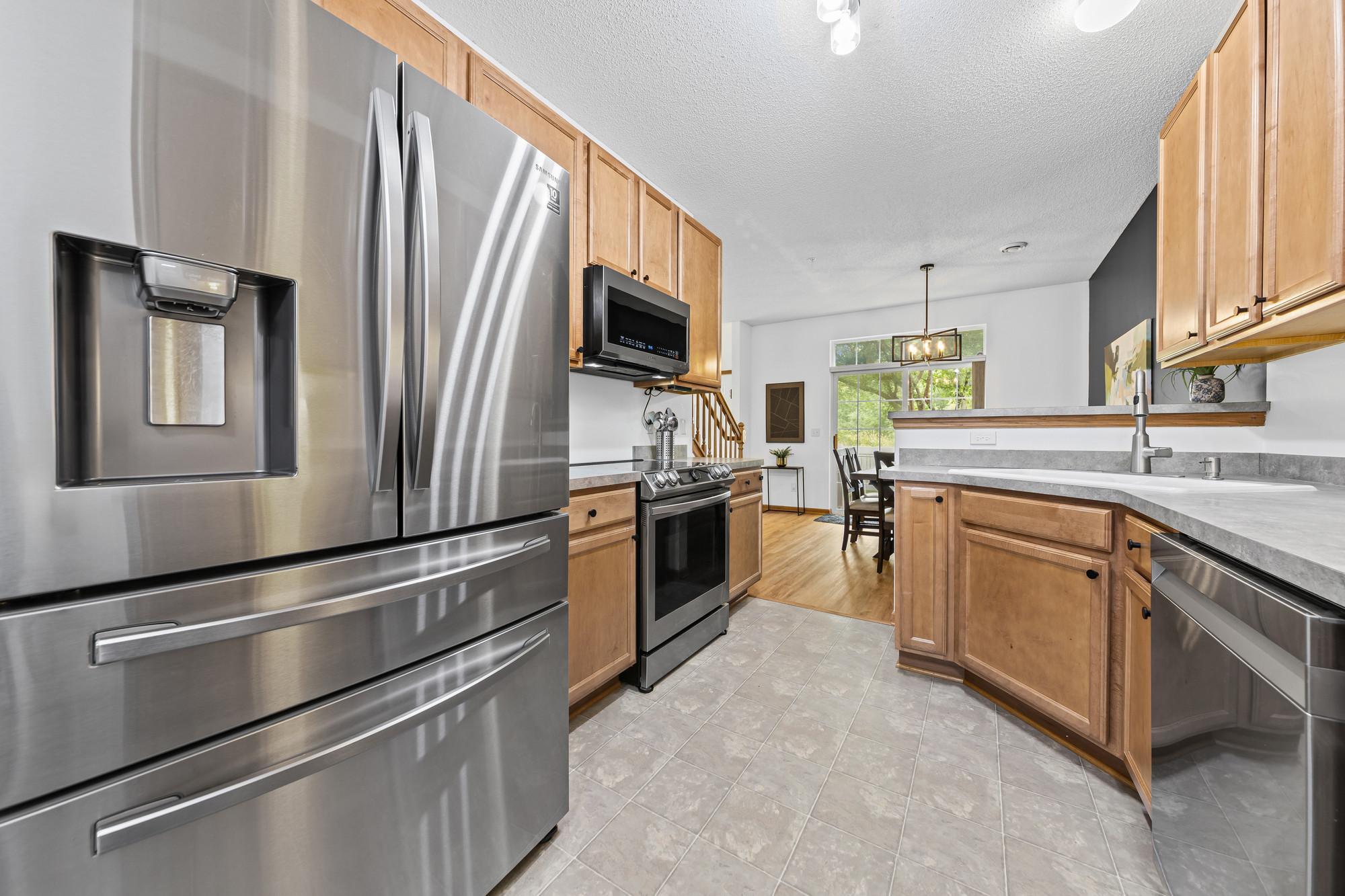 Gleaming stainess appliances.