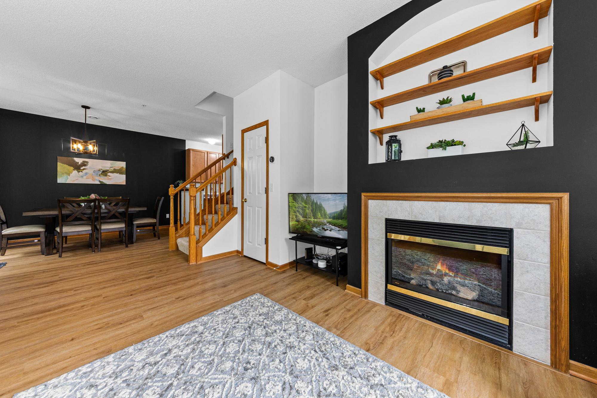 Focal point of the living space is the gorgeous fireplace.