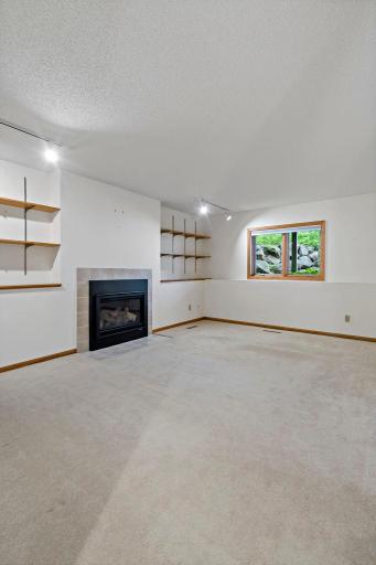 The lower level family room has a cozy gas fireplace. The large window makes this a lovely space to hang out.