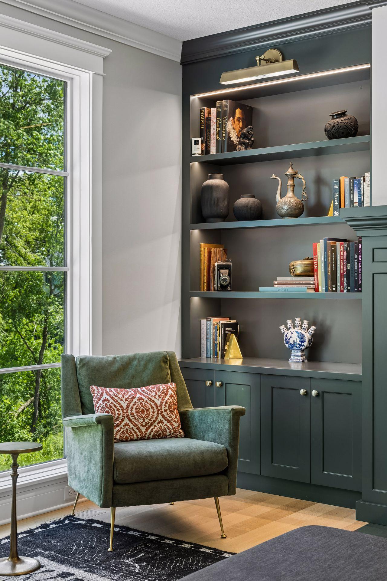 Every detail has been thoughtfully curated, from the custom built-ins to the carefully selected lighting and display niches.