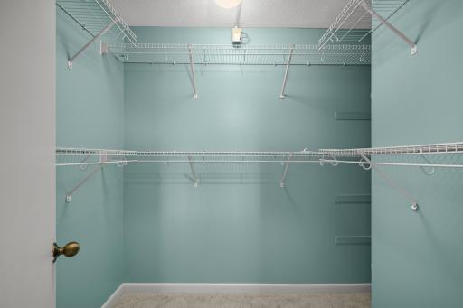 Generous walk-in closet with extensive shelving and hanging space, providing exceptional organization and storage.