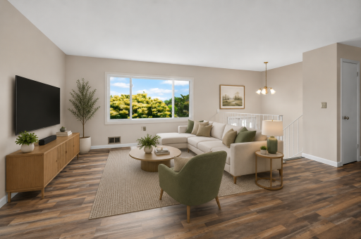 Bright and airy living room with expansive windows, modern finishes, and an open layout designed for comfort and connection. (virtually staged)