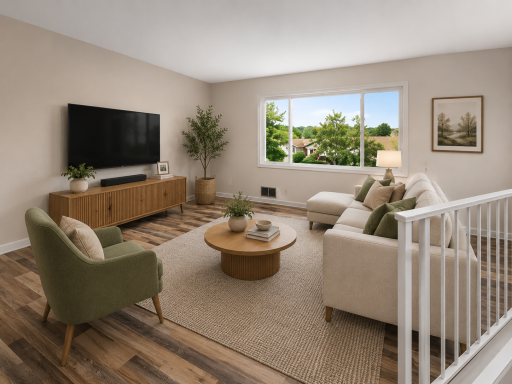 Bright and inviting living room featuring updated flooring, abundant natural light, and an open layout that flows effortlessly into the dining area and kitchen.