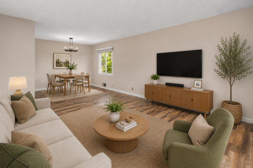 Open-concept living and dining spaces seamlessly flow together, creating an ideal setup for entertaining and everyday comfort. (virtually staged)