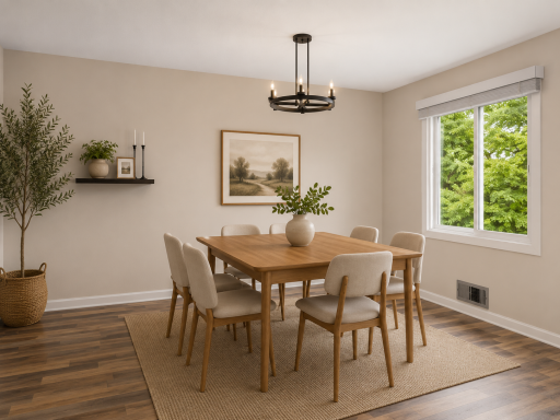 Sun-filled dining area with views of the surrounding greenery, offering the perfect space for casual meals or hosting guests. (virtually staged)