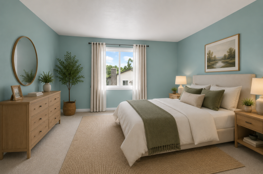 Spacious primary bedroom retreat featuring soft natural light, neutral finishes, and plenty of room to unwind at the end of the day. (virtually staged).