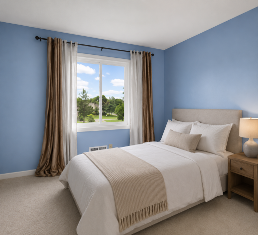 Bright and inviting secondary bedroom with a large window, neutral carpeting, and versatile space for family, guests, or a home office. (virtually staged)