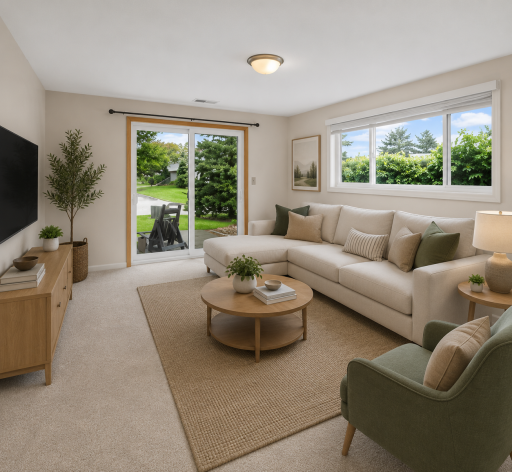 Spacious lower-level walkout family room filled with natural light and direct access to the patio and backyard. (virtually staged)
