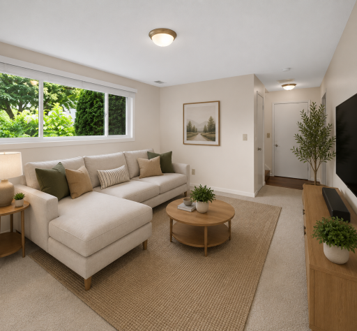 Comfortable lower-level family room offering a versatile space for movie nights, a play area, or a relaxing retreat. (virtually staged).