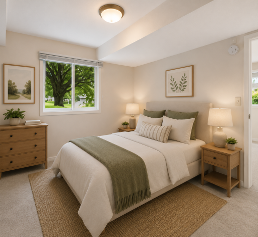 Versatile third bedroom with neutral finishes and ample space for a bedroom, office, or hobby room. (virtually staged).