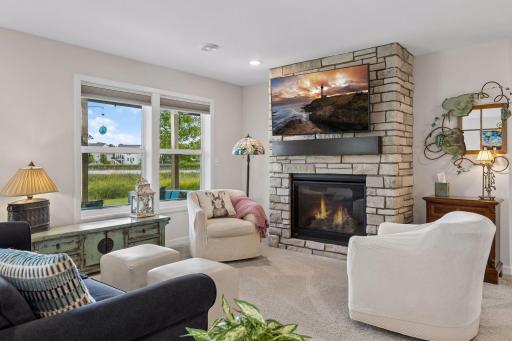 Gorgeous stone fireplace in lower level family room.