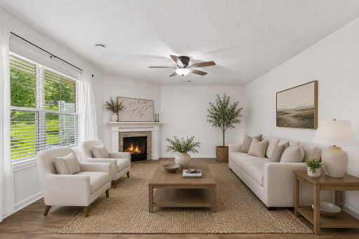 Comfortable great room with gas fireplace. (Virtually staged to show possibilities.)