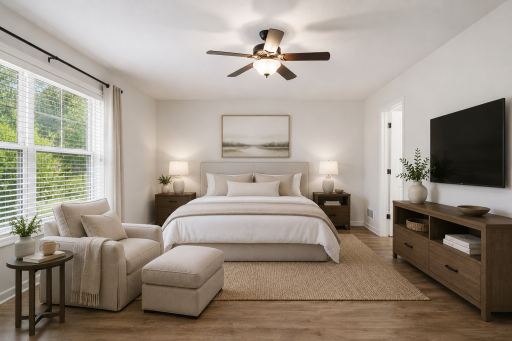 Spacious primary suite with private bath. (Virtually staged.)