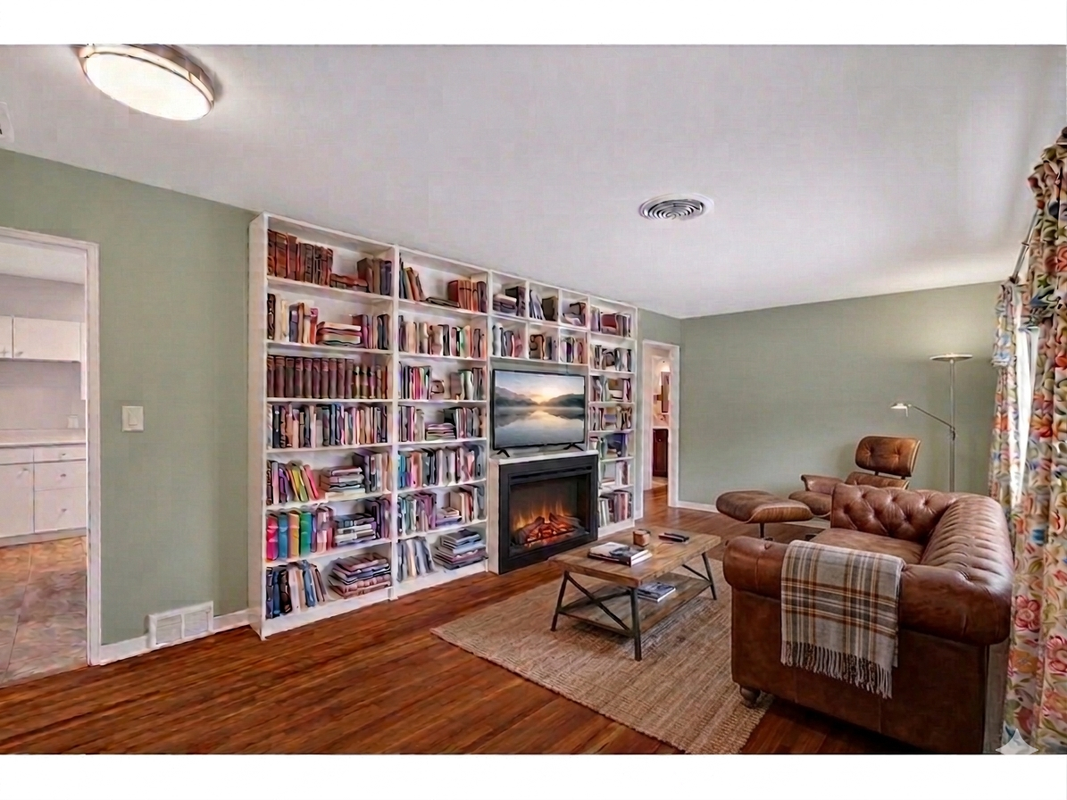 Features a full wall of built-in bookshelves. Tons of storage for that book or game collector.