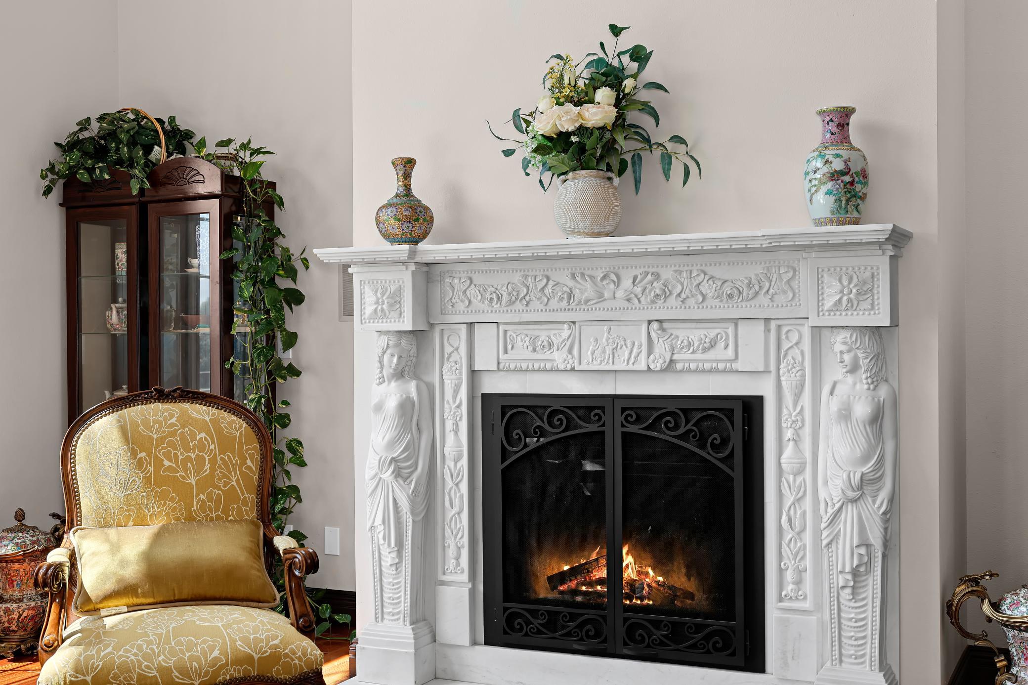 Gas fireplace with custom marble mantle