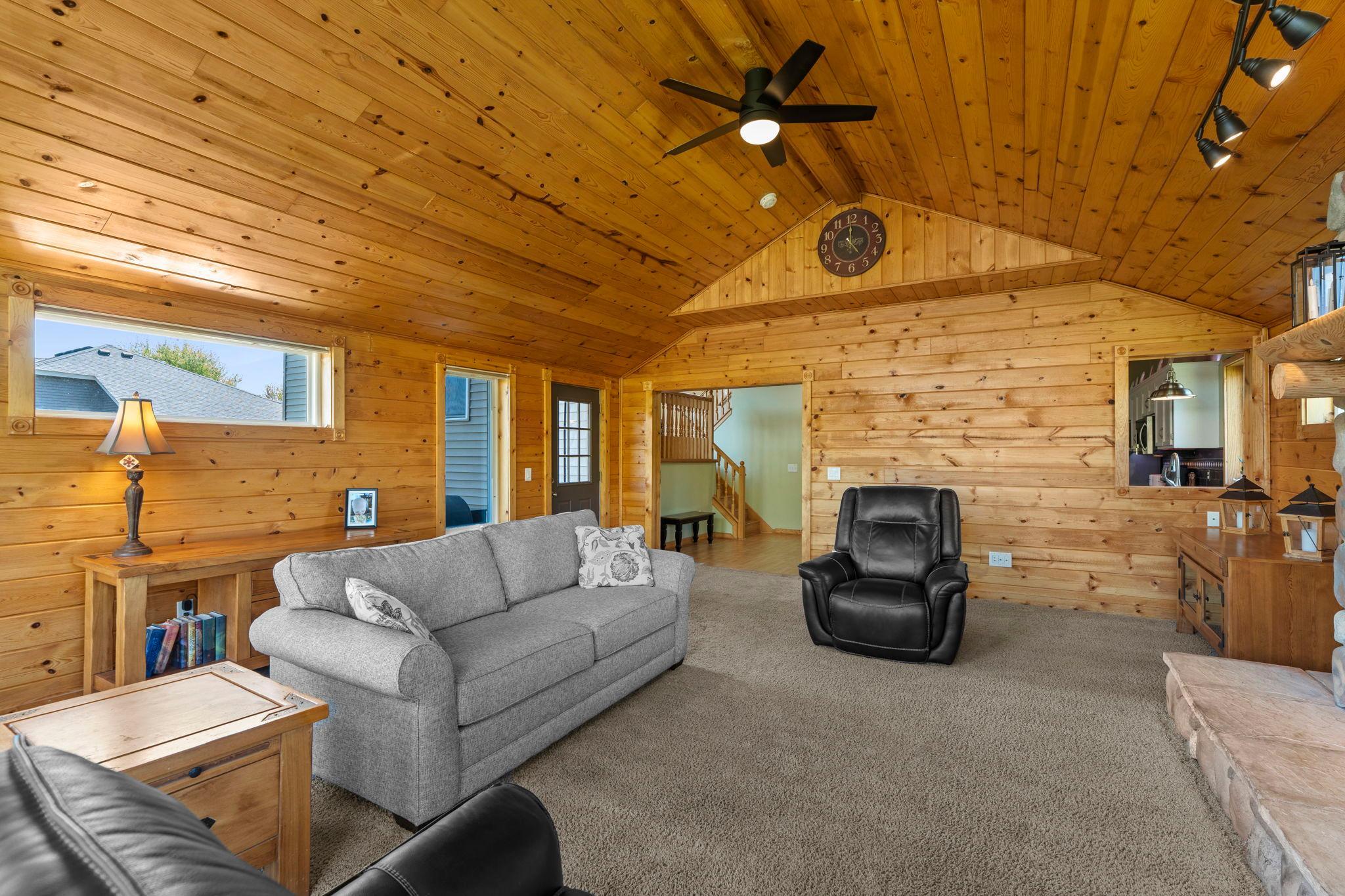 Opens to kitchen and out to the large deck.
