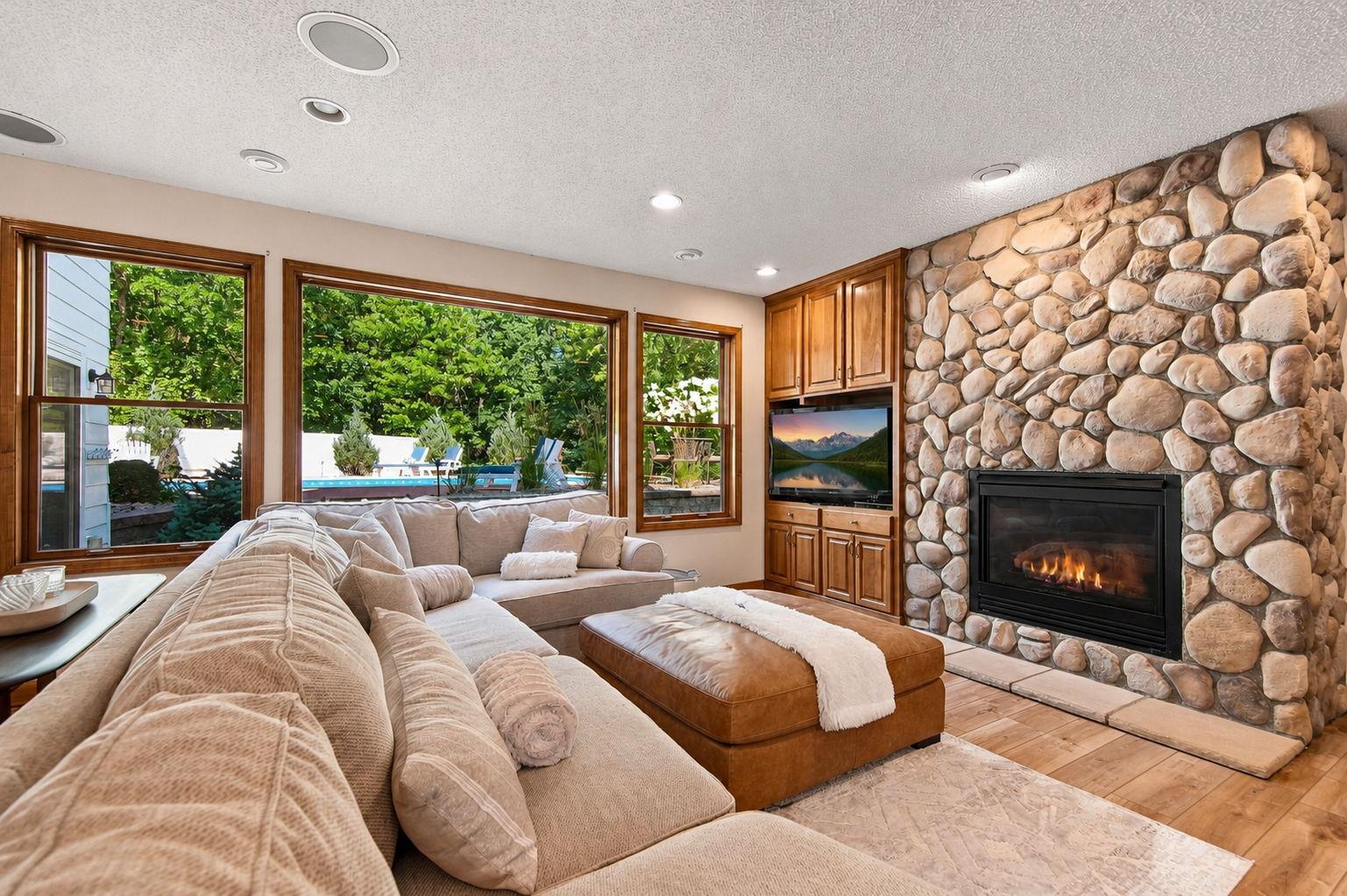 Cozy up to the Rock fireplace