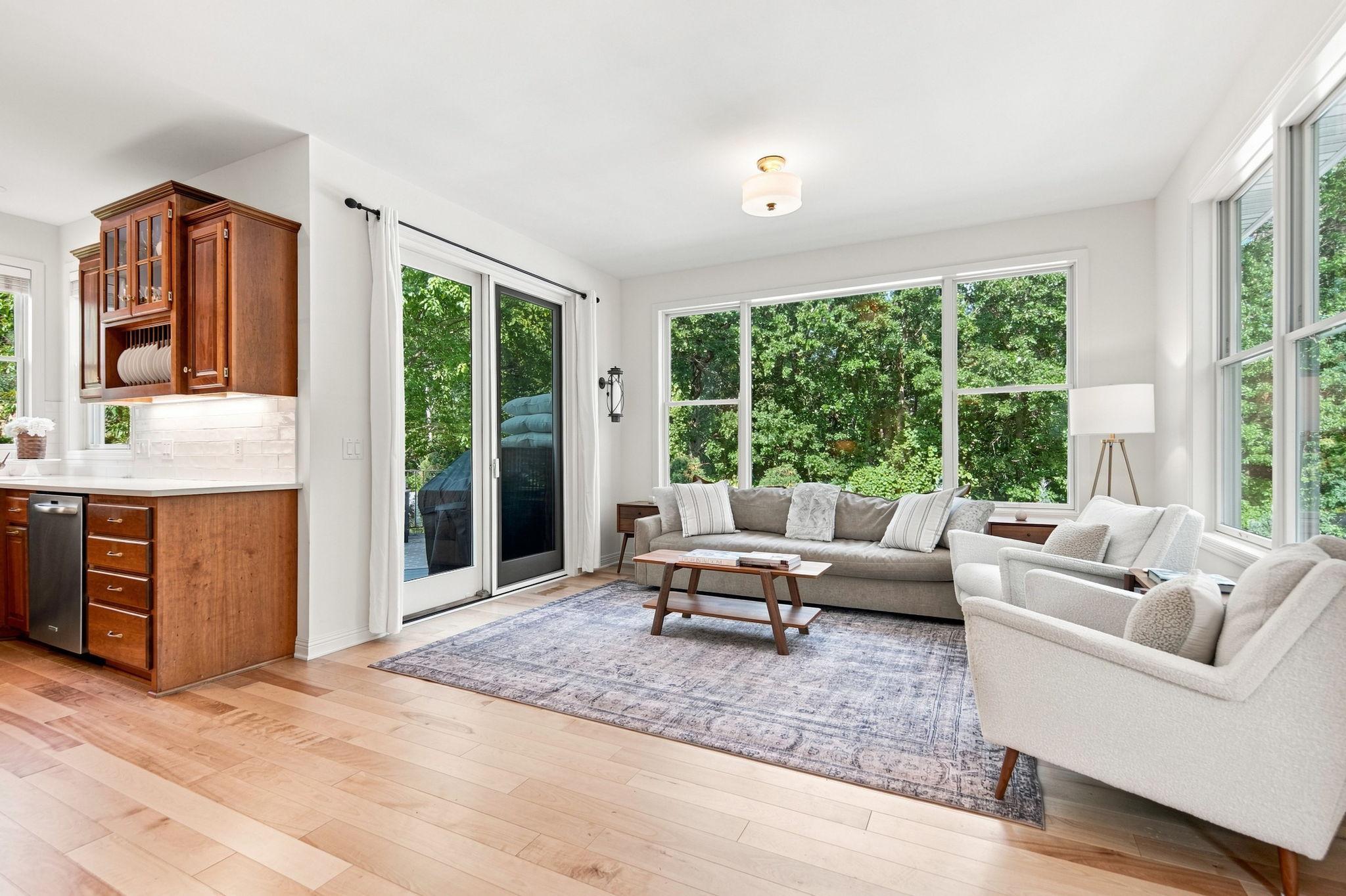 The gorgeous maple floors are continuous