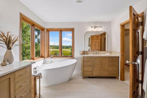 The primary suite spa bath experience. Deep soaking tub with new tub filler. New quartzite tops and vanities, fixtures, mirrors and lighting.
