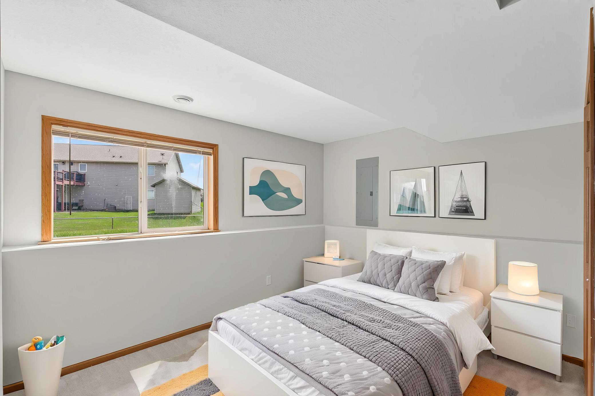 Lower-level bedroom with window treatments.