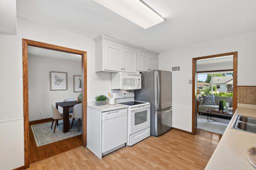 Kitchen flows easily into the adjoining dining space.