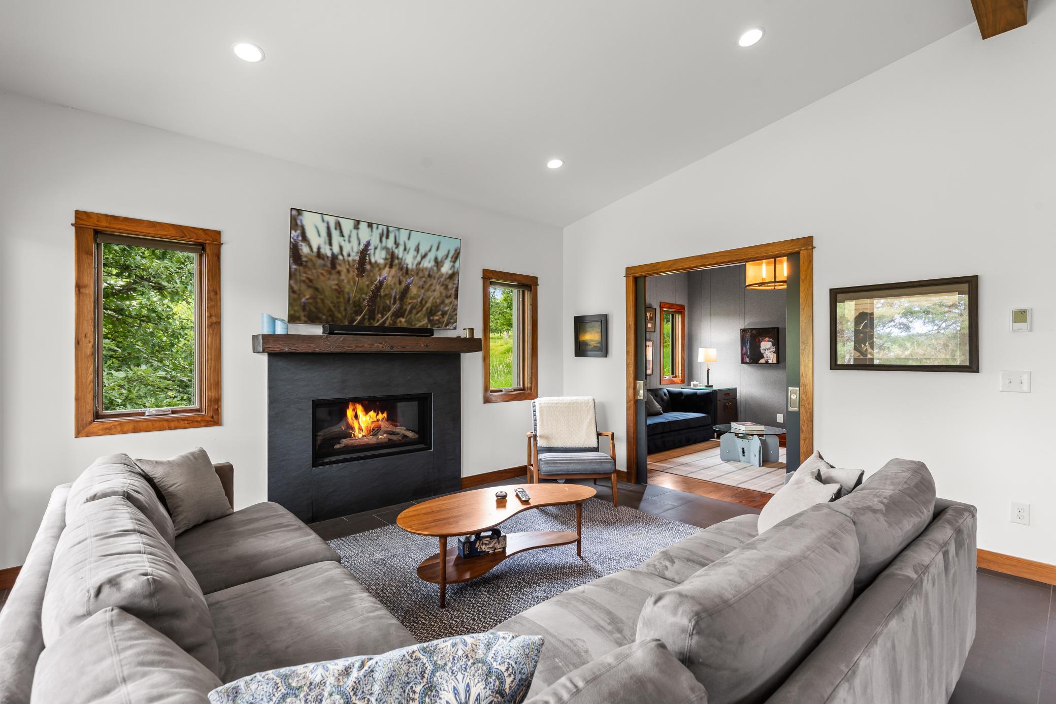 A warm fireplace and relaxing views