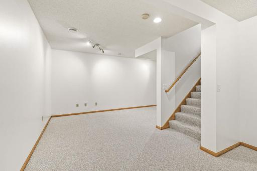 Second view of the "L" shaped lower-level family room, perfect for an in-home office, play space or exercise area.