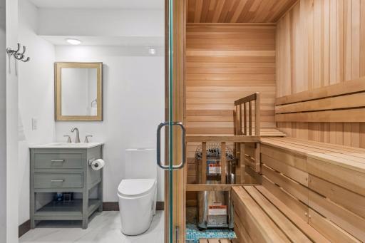 Conveniently combined electric cedar sauna and bath.