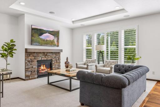 Brand new carpet, cozy gas fireplace, and oversized windows with adjustable shutters.