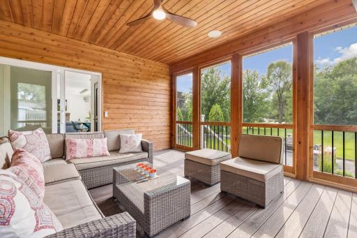 Durable composite wood decking, floor to ceiling natural wood paneling, and updated ceiling fan.