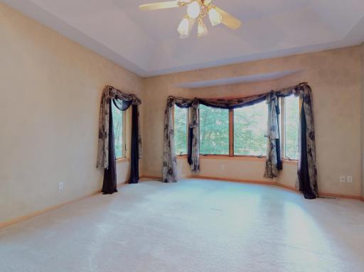 Large primary bedroom suite w/ tray ceilings / ceiling fan