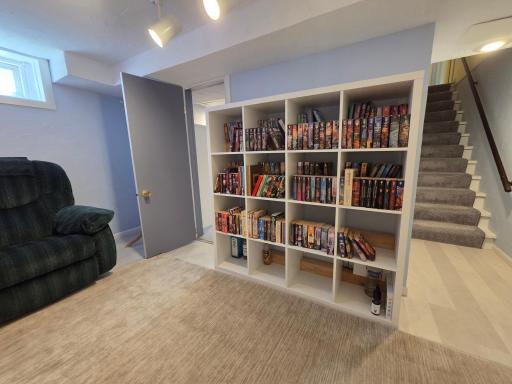 Step downstairs into the amusement room, currently used as a library