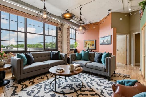 Stunning living room with city views and turn of the century charm. Virtually staged