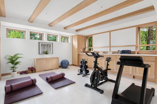 Detached lower-level room visually staged as a yoga/exercise studio.