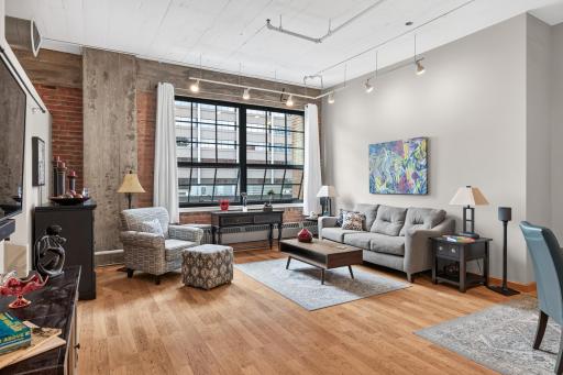 Living Room with 11 Ft Ceilings Bathed with Natural Light from Large Windows