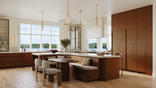 Featuring a custom hand crafted island banquette. Complete with Wolf and Betazzoni appliances and of course, lake views.